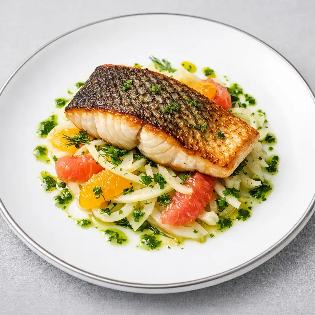 Pan-seared barramundi fillet with fennel salad and citrus emulsion