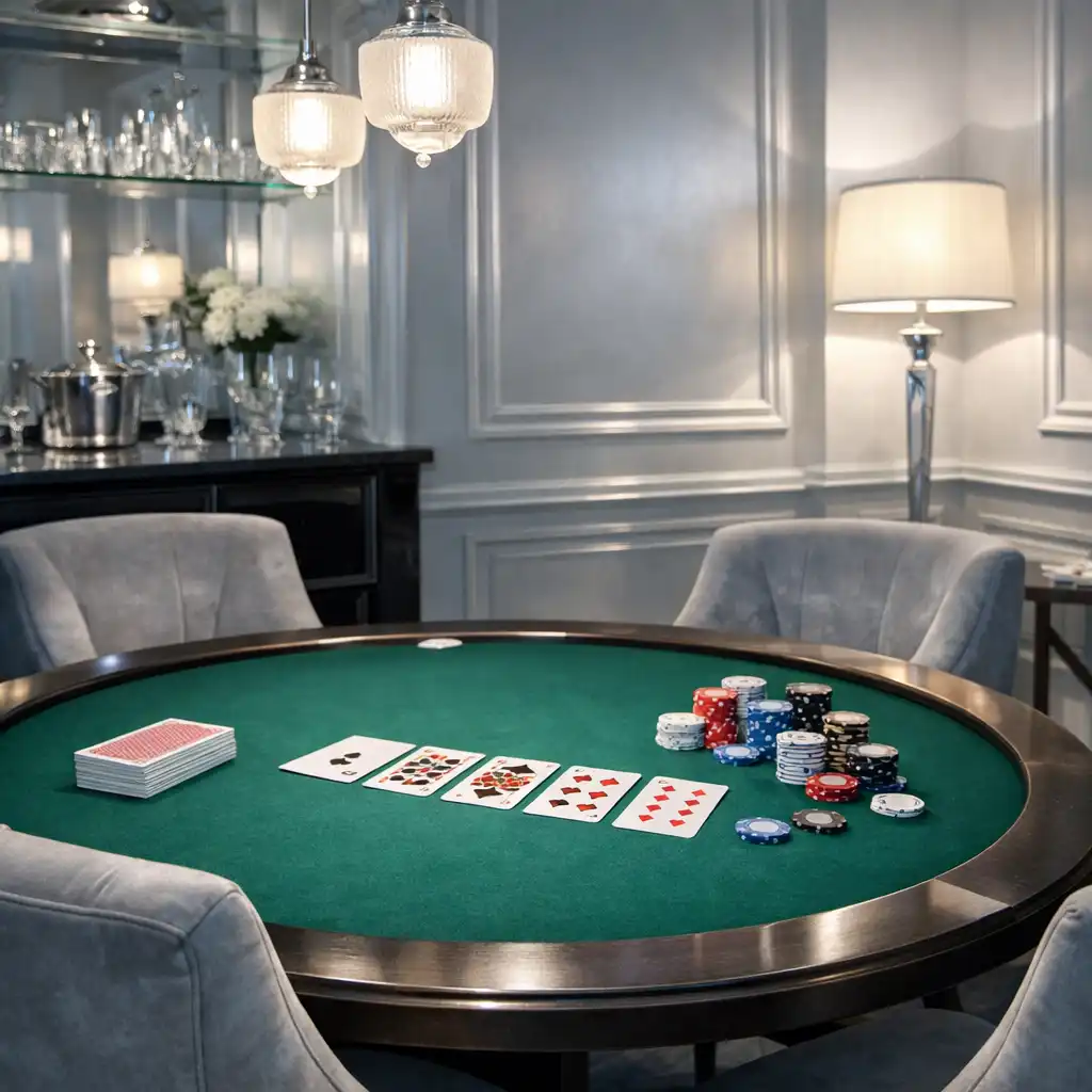 Stylish card lounge with a round table, upholstered chairs, and a deck of playing cards