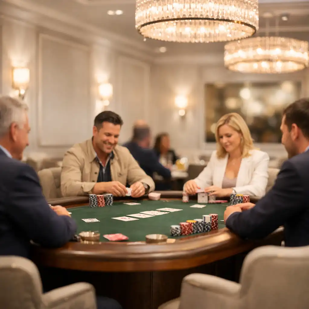 Elegant card lounge interior with a large poker table, plush chairs, and soft ambient lighting