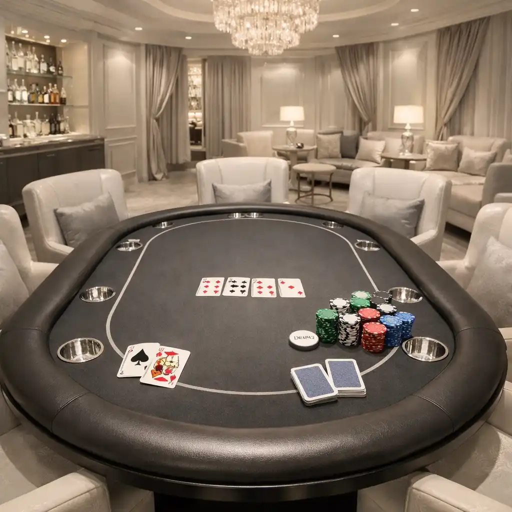Elegant card lounge at Silver Parlour with a premium poker table, comfortable chairs, and soft ambient lighting