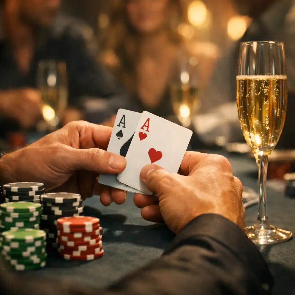 Close-up of hands holding playing cards over a poker table with chips nearby, warm lighting and a candid social atmosphere