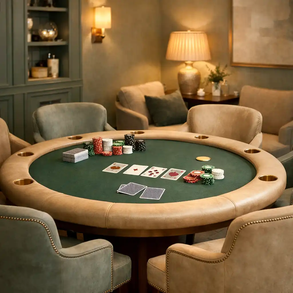 Refined card lounge with a dedicated poker table and comfortable seating