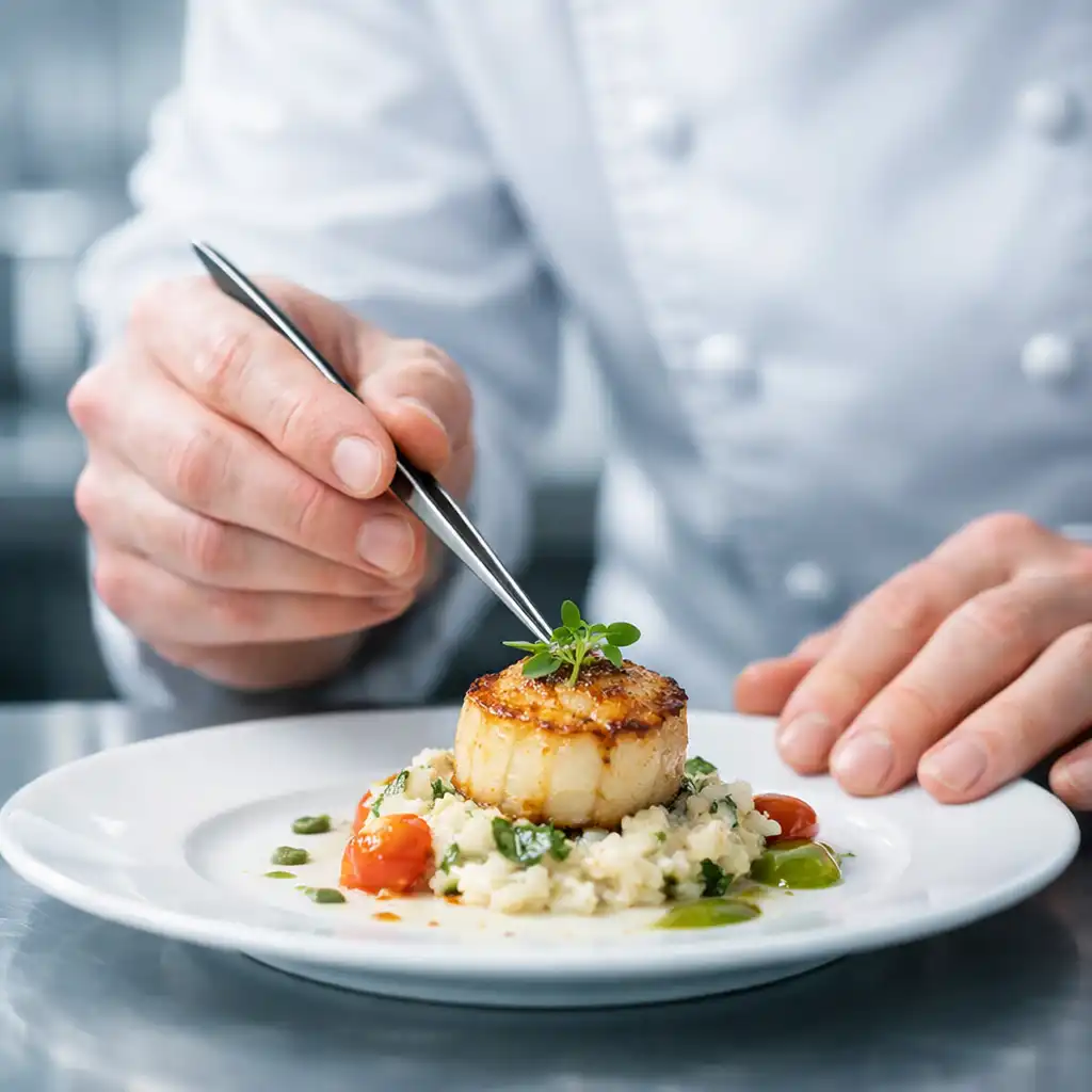 Chef in a white uniform carefully plating a dish with tweezers in a professional kitchen