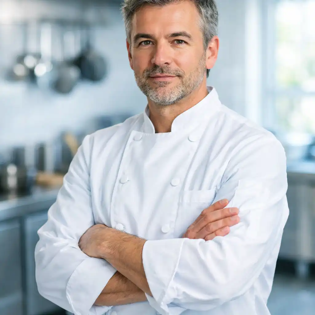 Portrait of the executive chef in a bright modern kitchen