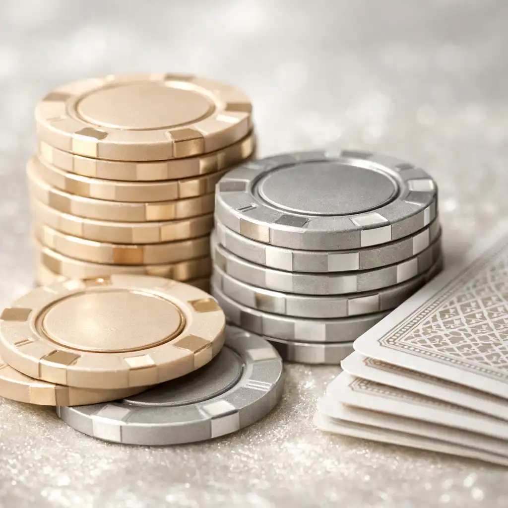 Close-up of poker chips and playing cards on a table