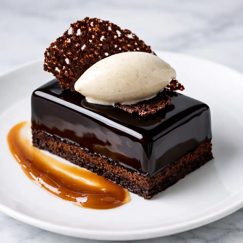 Dark chocolate delice with salted caramel center and vanilla bean ice cream