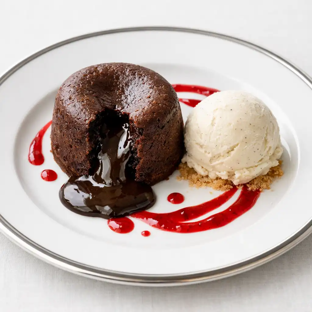 Warm dark chocolate fondant with vanilla bean ice cream and raspberry coulis