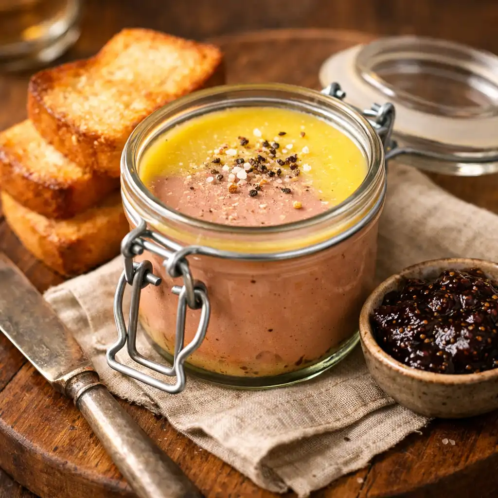Duck liver parfait in a glass jar with toasted brioche and fig jam
