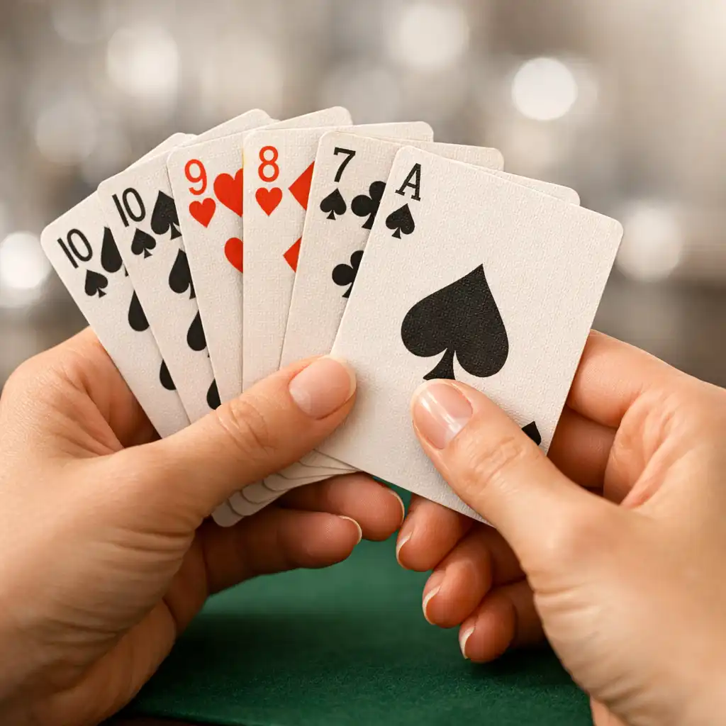 Hands holding a fan of playing cards over a poker table