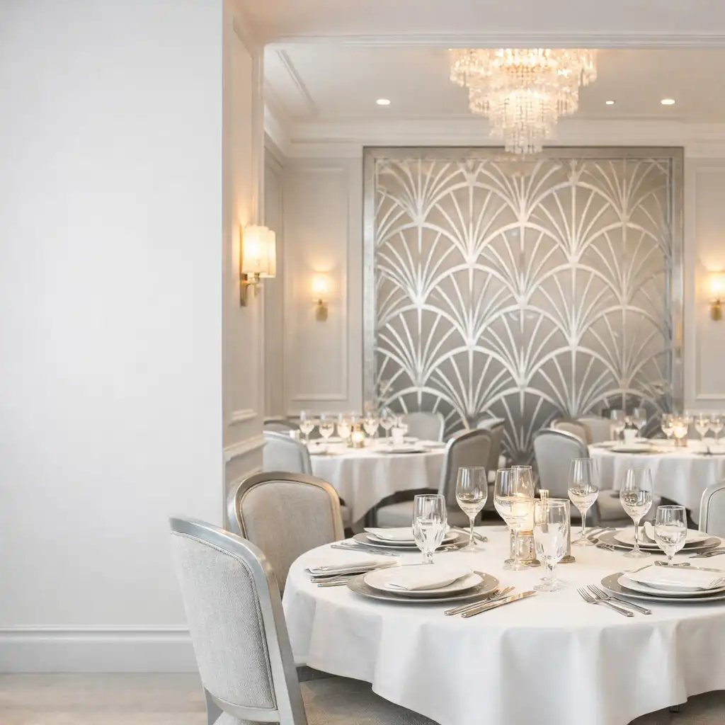 Elegant restaurant interior at Silver Parlour with pearl-white walls, silver accents, and warm champagne lighting