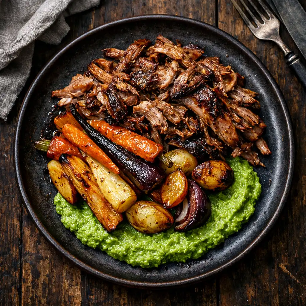 Slow-braised lamb shoulder with roasted root vegetables and minted pea purée