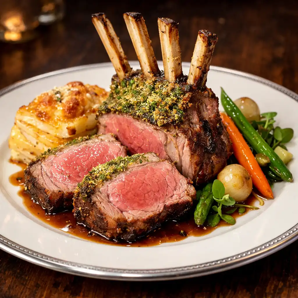 Herb-crusted lamb rack with rosemary jus, potato gratin, and baby vegetables