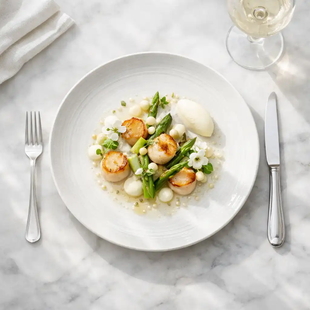 Elegant overhead shot of a beautifully plated dish on a marble table with soft natural light