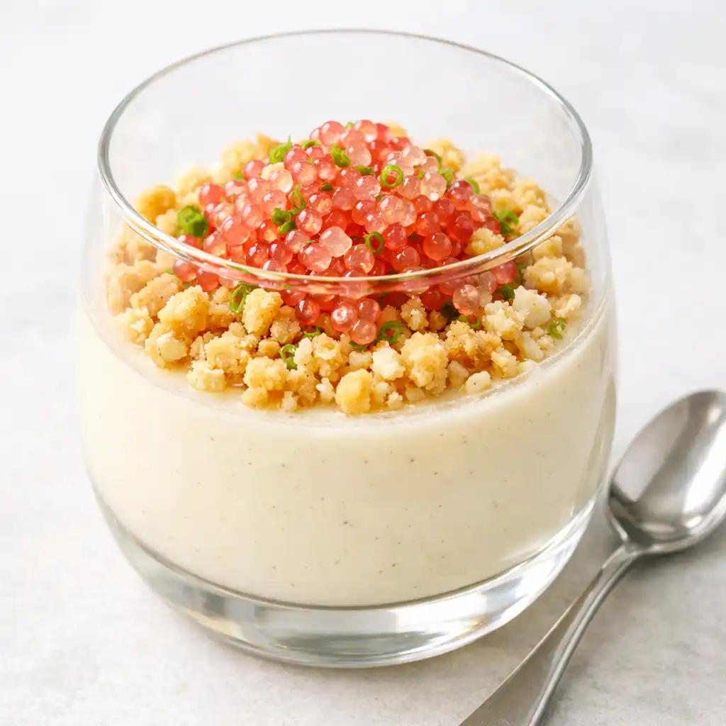 Lemon myrtle panna cotta with macadamia crumble and finger lime
