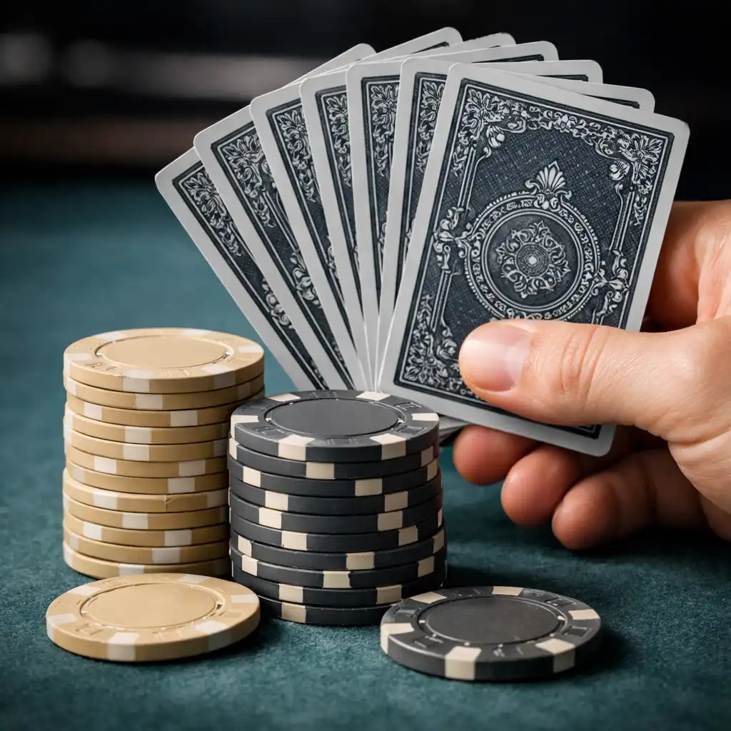 Close-up of a hand holding a fan of playing cards with a stack of clay poker chips in the foreground.