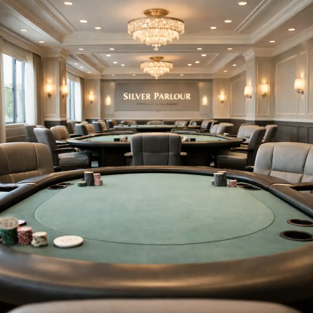 Empty poker lounge at Silver Parlour with tables set and waiting