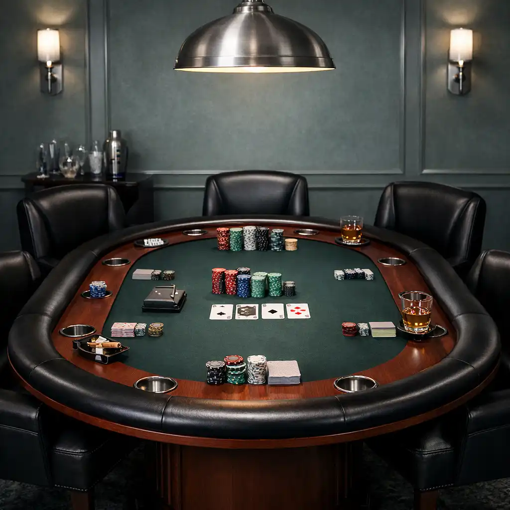 Full view of an oval poker table set for play, showing the dark green felt, wooden rail, and six leather chairs in a refined card lounge.