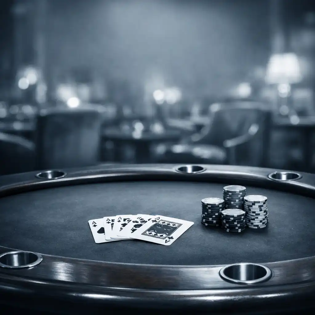 A luxurious poker table with a deep slate felt surface, polished wooden rim, fanned playing cards, and a neat stack of clay chips in an elegant lounge.