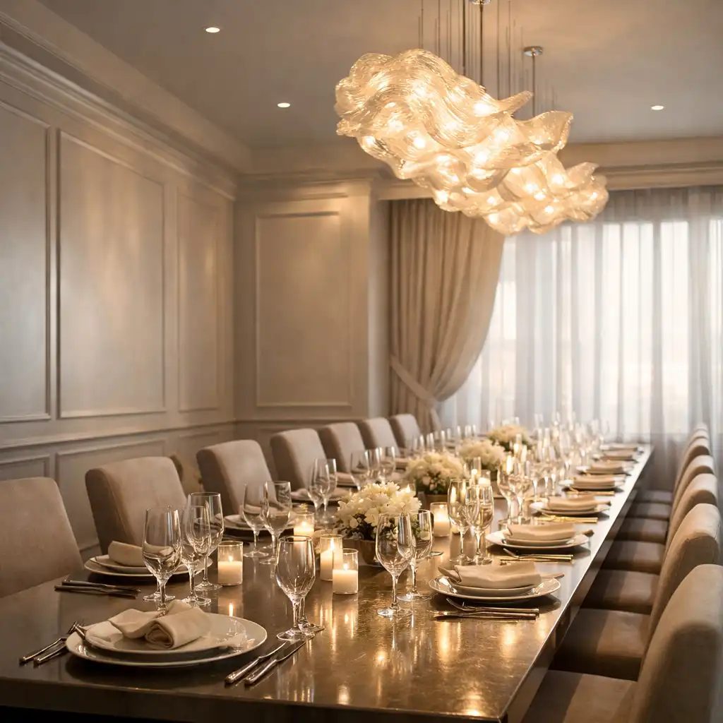 Elegant private dining room with a long table set with fine china, crystal glasses, and silver cutlery