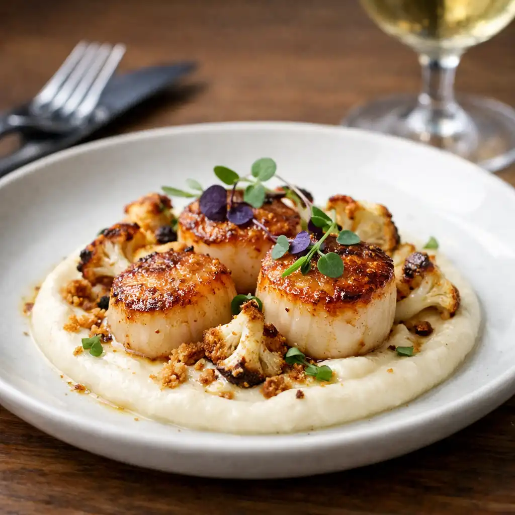 Seared scallops with cauliflower purée plated on white ceramic