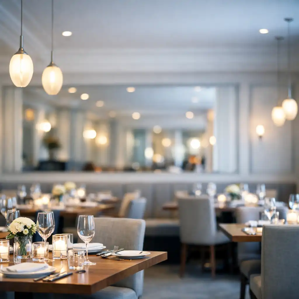 Luminous dining room at Silver Parlour with pearl-white walls and elegant table settings
