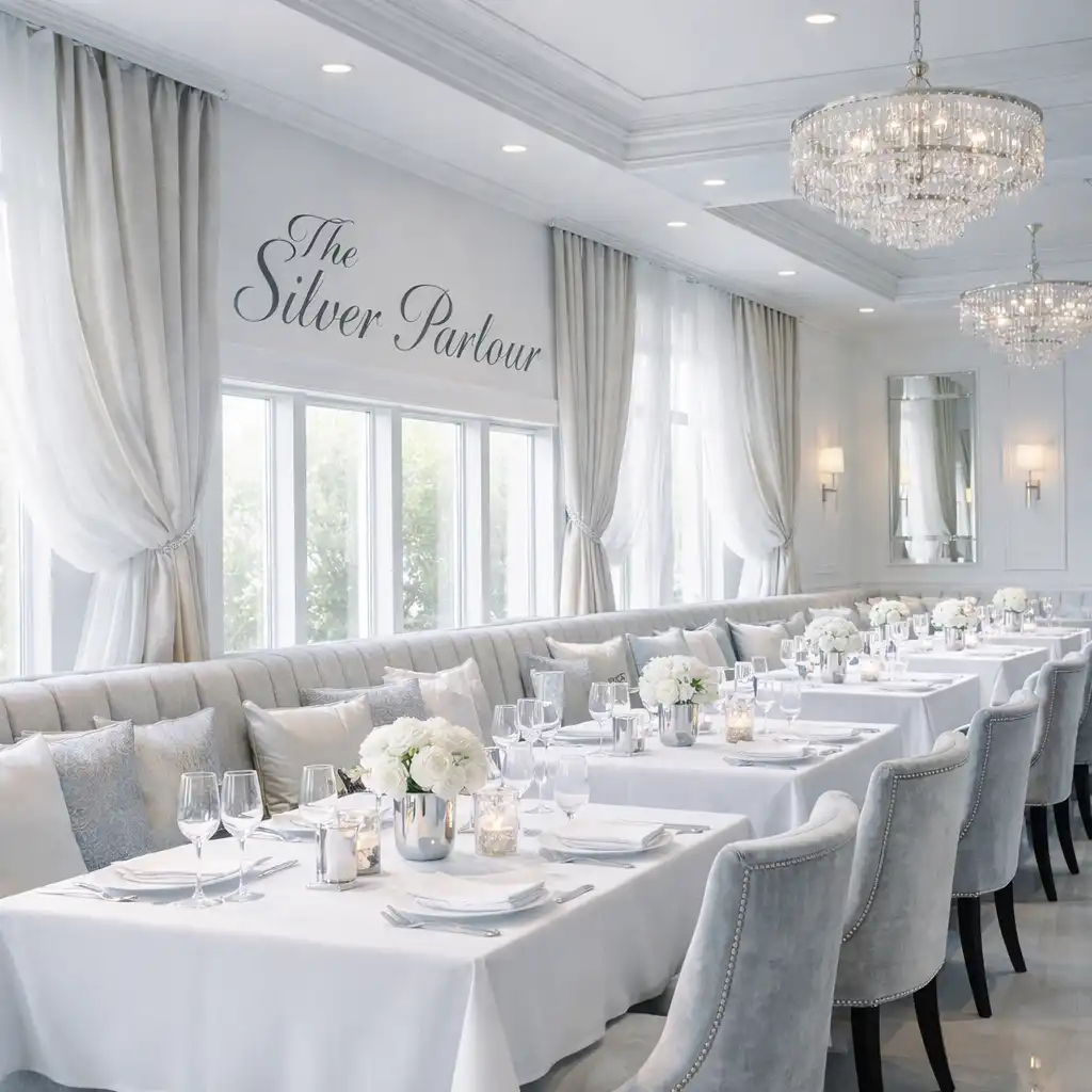 Bright Silver Parlour dining room with large windows and a row of elegantly set tables