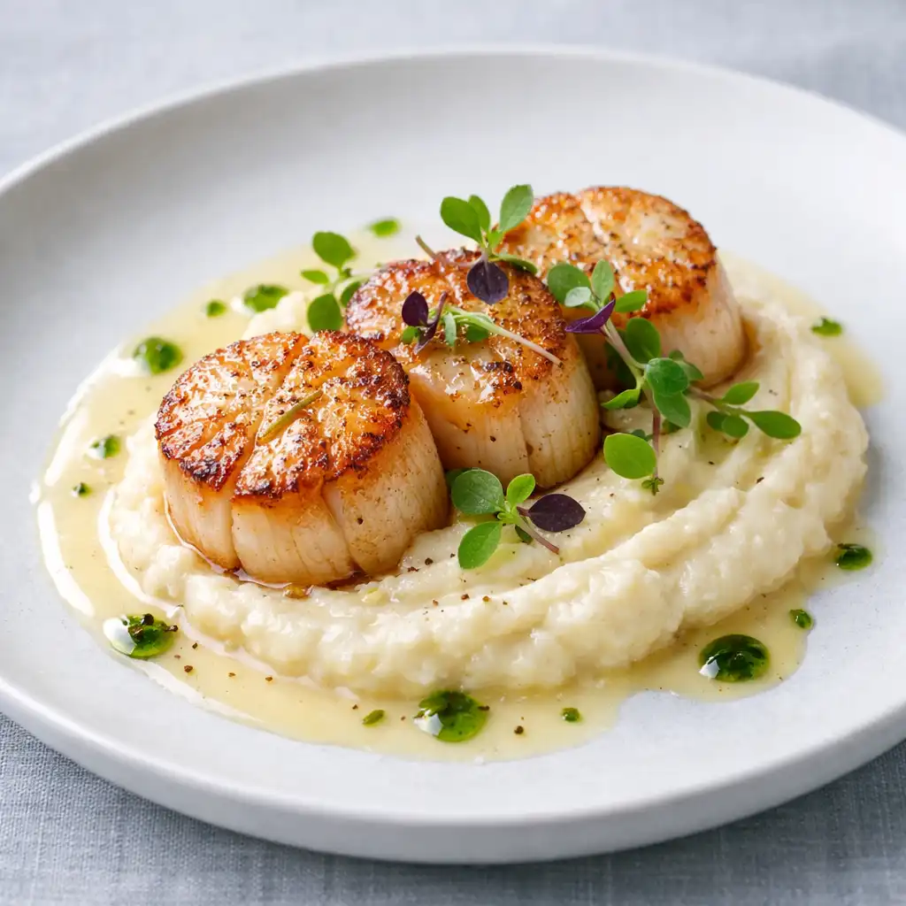 Seared scallops on cauliflower purée with champagne beurre blanc