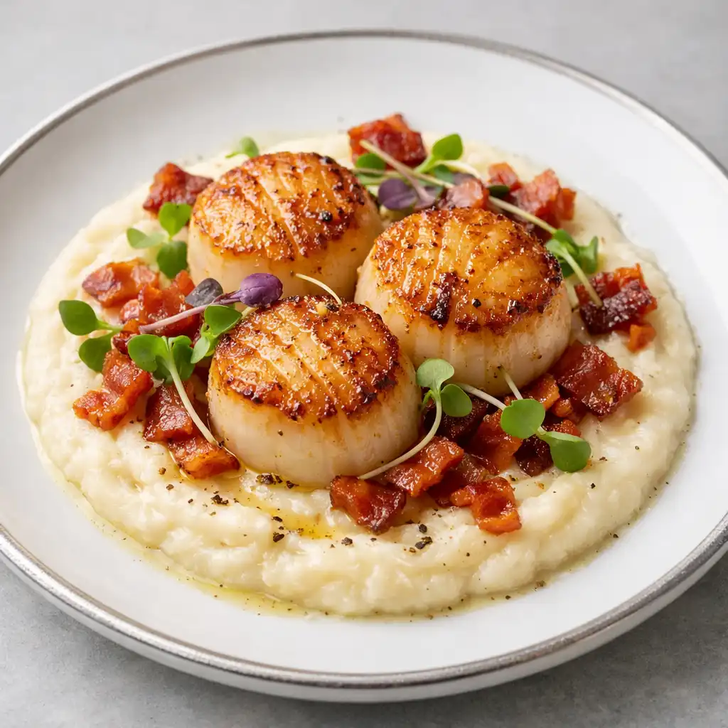 Seared scallops on cauliflower purée with crispy pancetta and microgreens