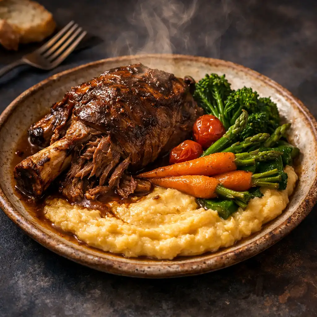 Slow-braised lamb shoulder with creamy polenta and seasonal vegetables