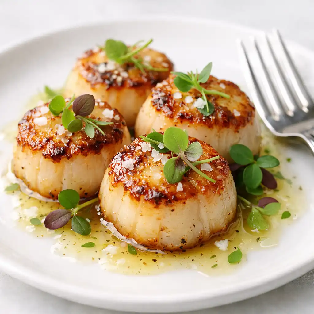 Seared scallops with eucalyptus butter and micro herbs on a white plate
