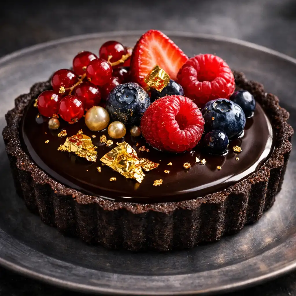 Dark chocolate and champagne tart with gold leaf and fresh berries