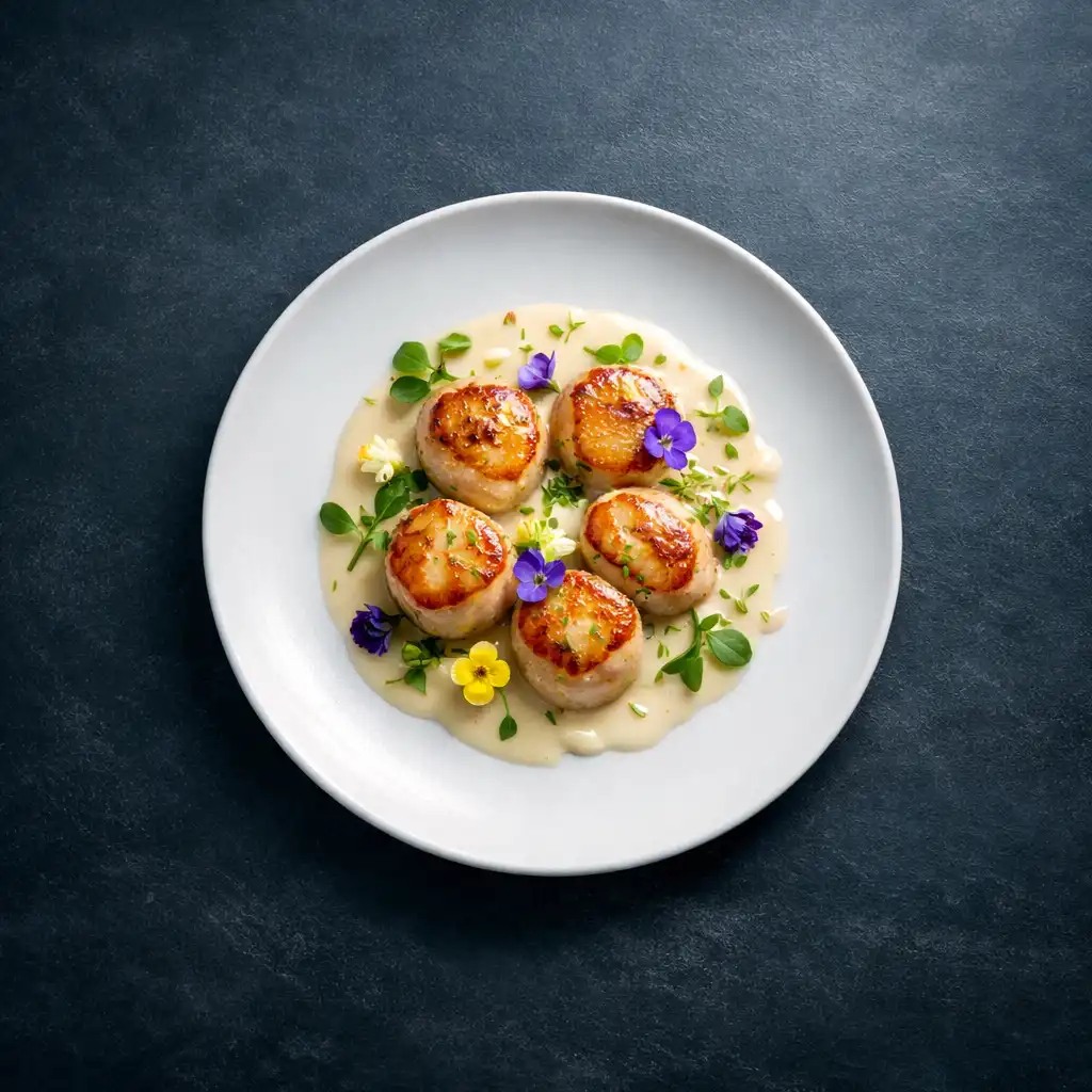 Overhead view of a seared scallop dish with champagne beurre blanc on a dark slate table