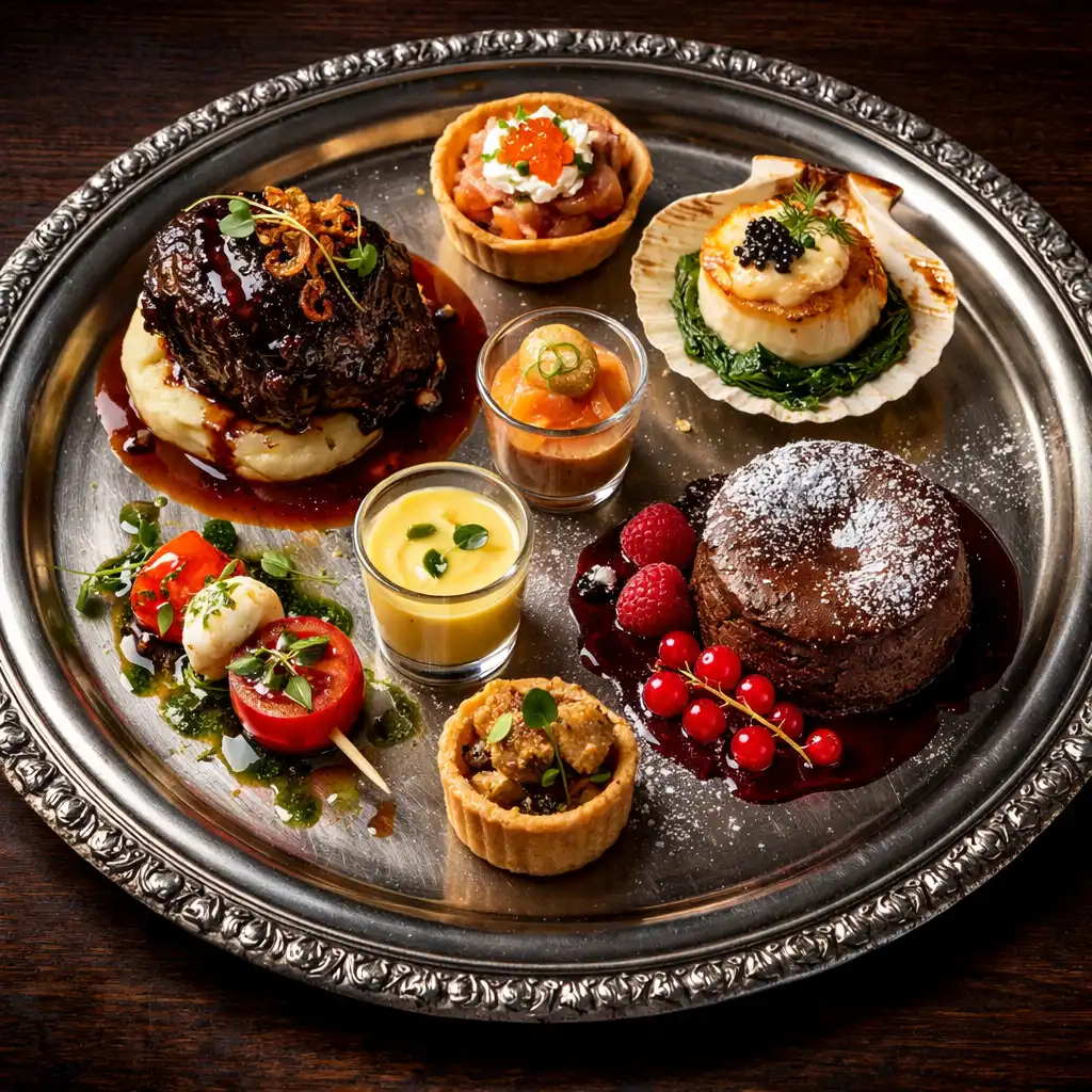 Silver platter with an assortment of small elegant dishes including beef cheek, scallop, tomato salad, and chocolate fondant
