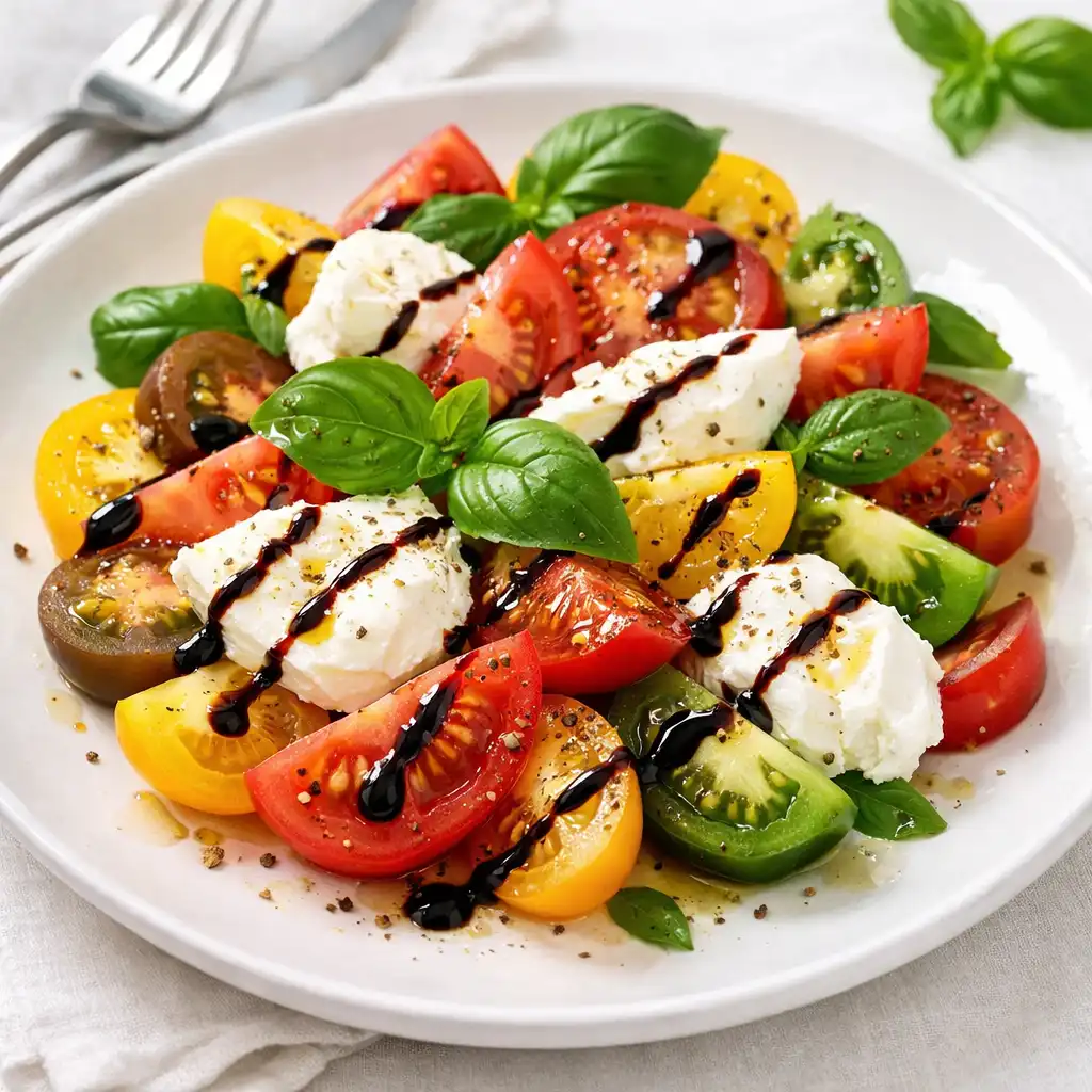 Heirloom tomato salad with buffalo mozzarella, basil, and balsamic reduction