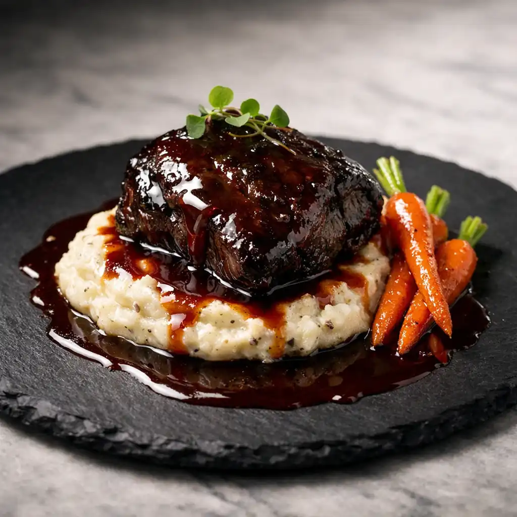 Slow-braised Wagyu beef cheek on truffle mash with glazed carrots and red wine jus